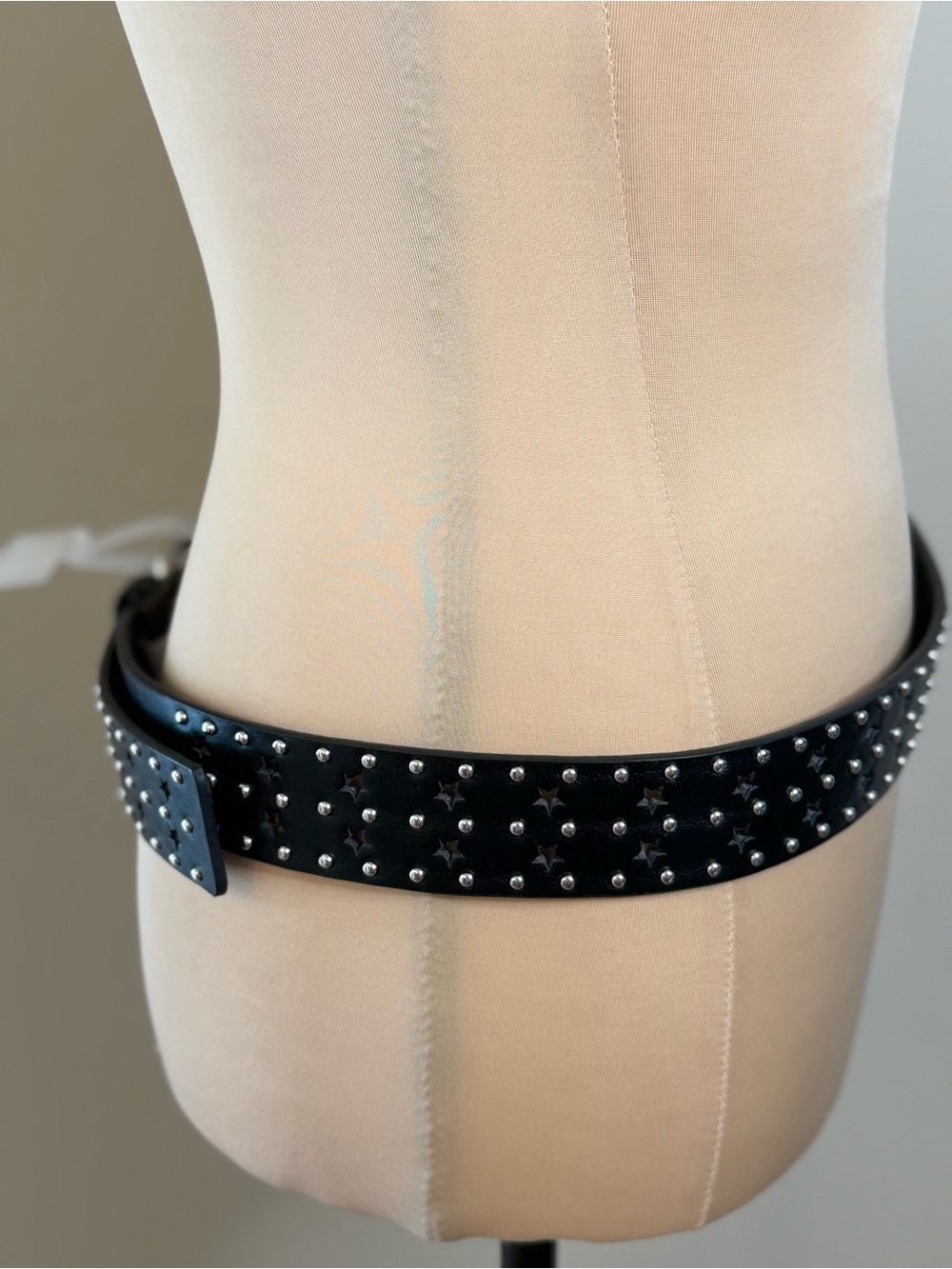 Faux leather black belt star cutout silver studded western style 42” - Picture 3 of 15